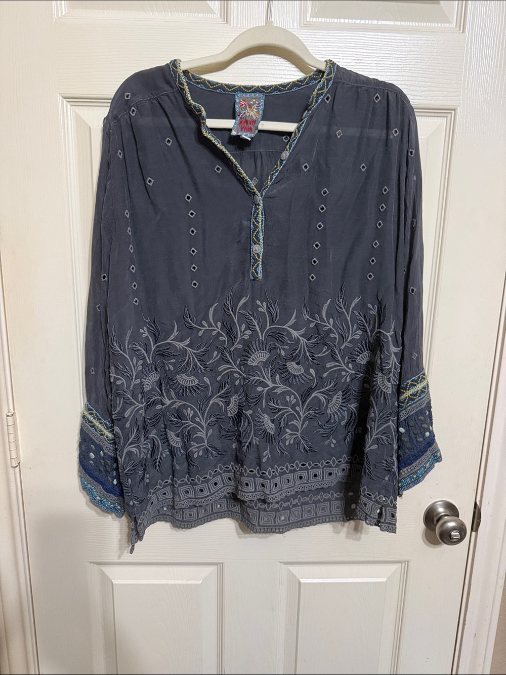 Johnny Was Slate Blue Embroidered Boho Tunic